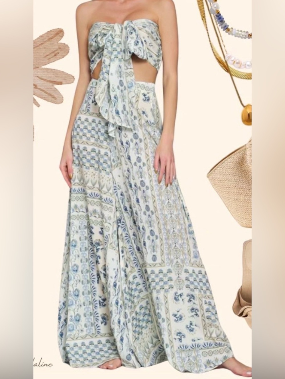 Summer Tie-Front Maxi Dress in Cream and Blue